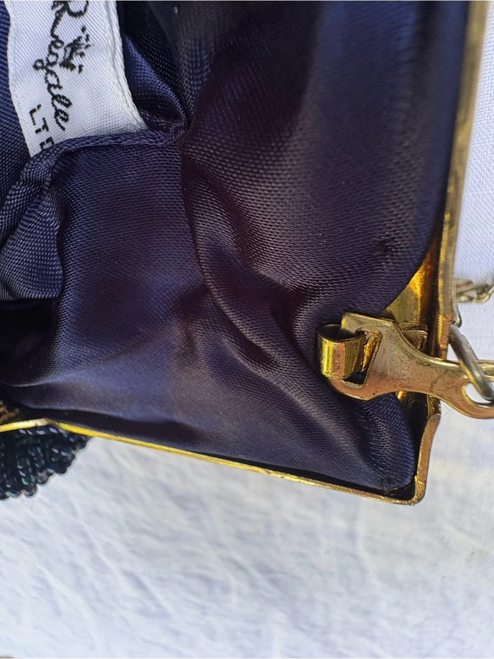 Vintage La Regale Navy Beaded Shell Clutch with Gold Chain